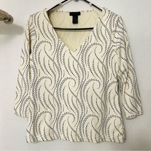 The Limited Stretch Sz L V-Neck Cream Paisley Dot Swirl 3/4 Sleeve Top Blouse
